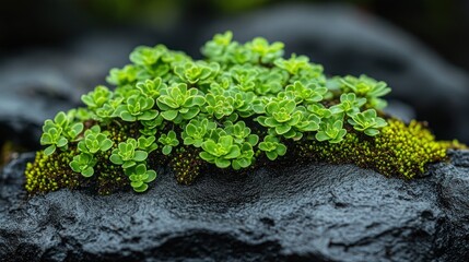Lush Green Plants Thrive On Dark Volcanic Rock