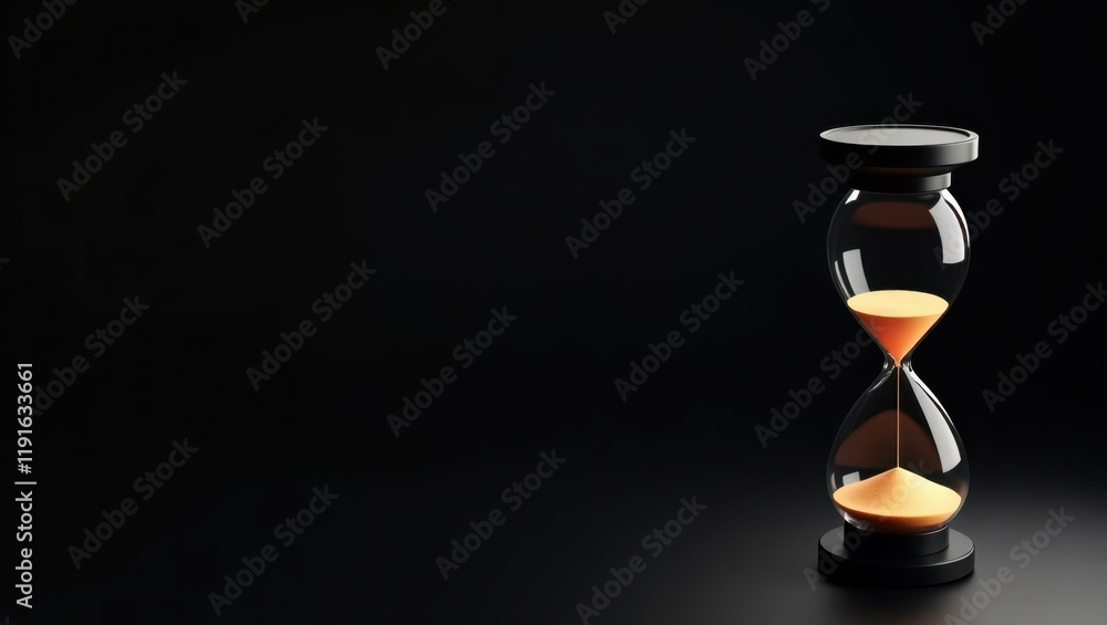 Poster obsidian black hourglass on right. soft orange background. copy space for text, 3d render ai generat