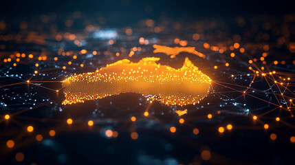 Digital map of Australia symbolizing global connectivity, data transfer, cyber technology, and business exchange, with a blurred space for captions, illuminated by bright light tones and a sense of ch