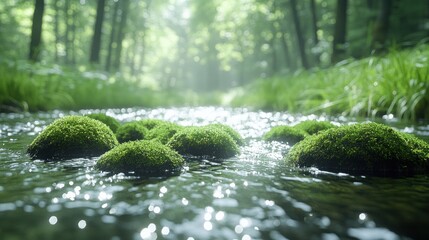 Mossy rocks in a sun dappled forest stream