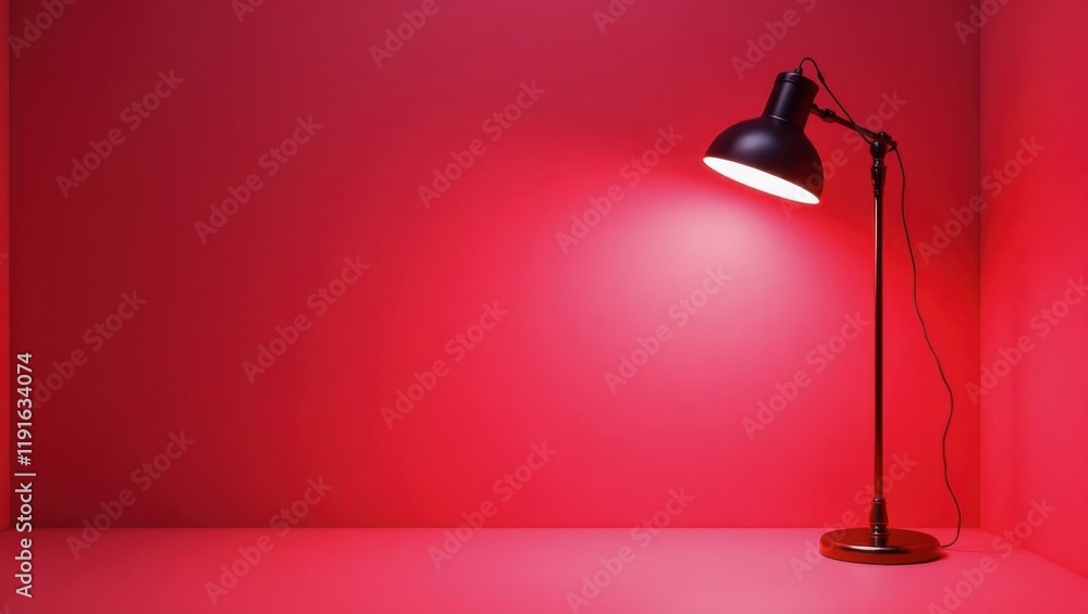 Poster marsala red interrogation room lamp on right. soft blue background. copy space for text, 3d render a