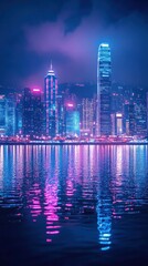 Fototapeta premium Breathtaking night view of a modern illuminated skyline with skyscrapers and high rise buildings reflecting in the calm waters of a tranquil bay or harbor