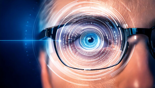 Close-up of a person's eye overlaid with futuristic, swirling digital data. Perfect for illustrating concepts of technology, biometrics, AI, or virtual reality.