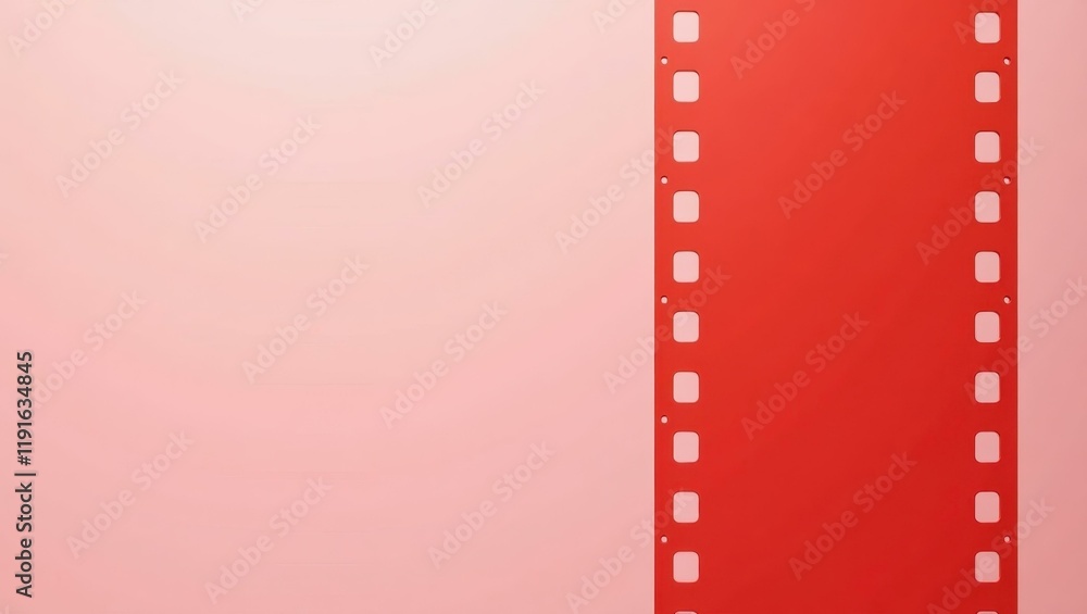 Poster rich cherry red animation film strip on right. soft red background. copy space for text, 3d render a