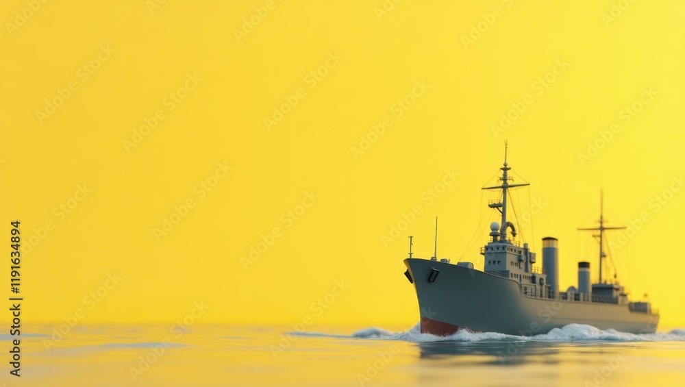 Poster rich navy ship on right. soft red background. copy space for text, 3d render ai generated designer e