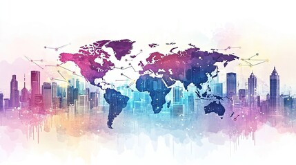 Illustration of a world map with a global network and connectivity, city skyline silhouettes in the background