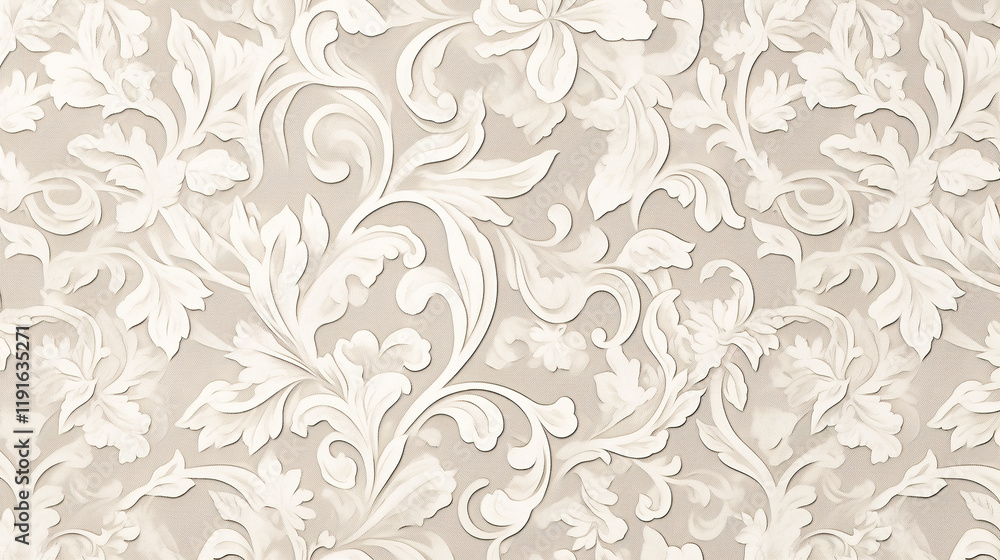 Wall mural the image features a decorative wallpaper pattern with intricate floral designs in a white color sch