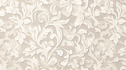The image features a decorative wallpaper pattern with intricate floral designs in a white color scheme on a light gray background