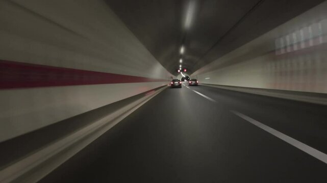 POV fast car driving on the highway at night and in the tunnel, timelapse 4k
