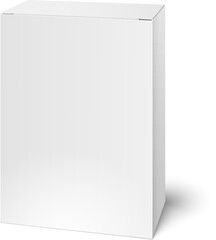 Realistic white blank vertical closed box mockup casting shadow on white background, ideal for product packaging presentation or branding design