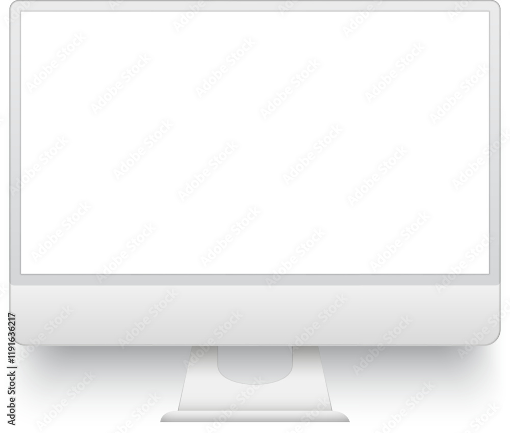 Poster modern desktop computer displaying blank white screen standing on white background, perfect for mock