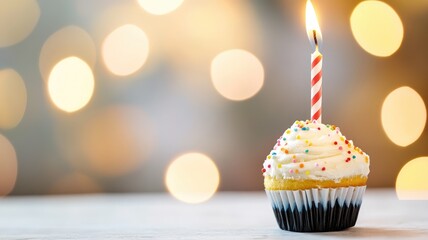 Colorful cupcake with lit candle, celebration theme