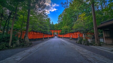 Serene Pathway Through Fushimi Inari Shrine Torii Gates