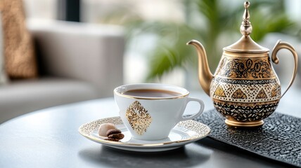 Elegant tea set with ornate gold designs, cup and teapot on table