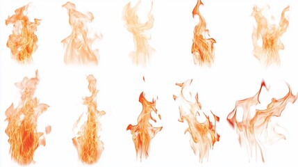 Ten isolated fire flames on white background.