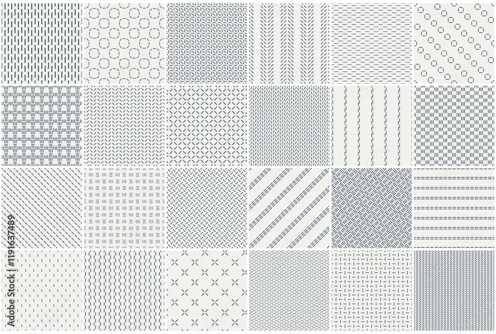 Aufkleber Collection of minimalistic seamless patterns. Neutral textile prints. Repeatable unusual simple gray backgrounds. Dash line endless textures