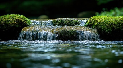 Serene Cascading Water Over Mossy Rocks