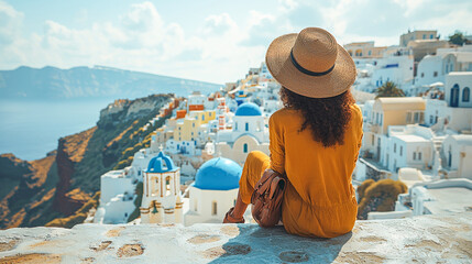 woman traveler overlooking Santorini