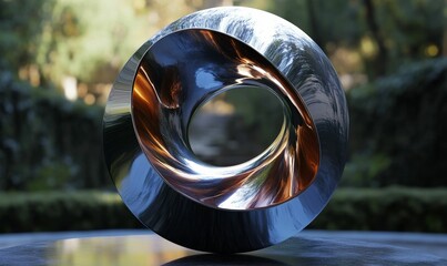 Polished metal sculpture;  toroidal form; outdoor setting.
