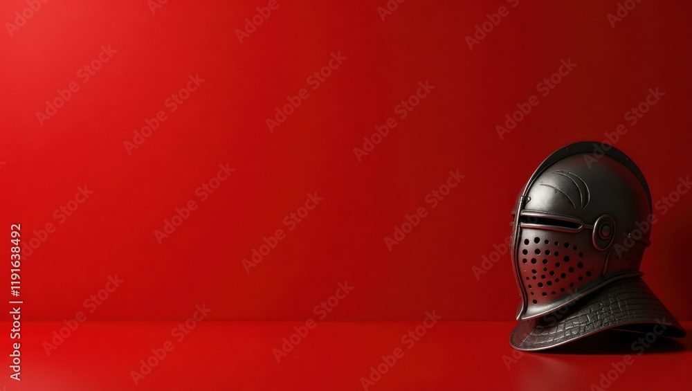 Poster ironwork gray knight's helmet on right. soft blue background. copy space for text, 3d render ai gene