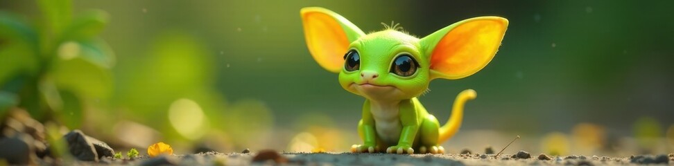 Obraz premium Small, lime-green creature with oversized ears and wobbly legs , cartoonish, quirky