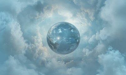 Celestial sphere floats amid ethereal clouds.