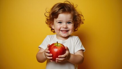 Healthy Snack. Smiling toddler curly hair white shirt holding red appl
