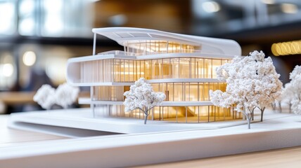Detailed architectural model of modern, multi-story building surrounded by trees