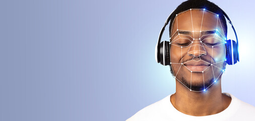 A person with headphones enjoys music while facial recognition technology scans their features, highlighting modern advancements in ID verification and personal recognition.