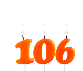 Lit birthday candle - Candle number 106 on white background.