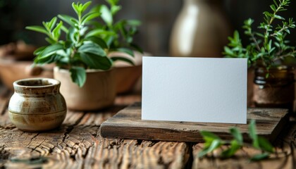 A white card sits on a wooden table next to a vase of herbs