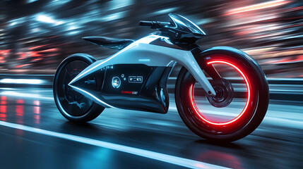 Obraz premium Exploring the Future of Urban Mobility: A Futuristic Electric Bike Showcasing Smart Navigation Capabilities and Innovative Design