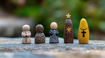 Obraz premium Wooden figures in various colors, including religious symbols, arranged line on surface outdoors