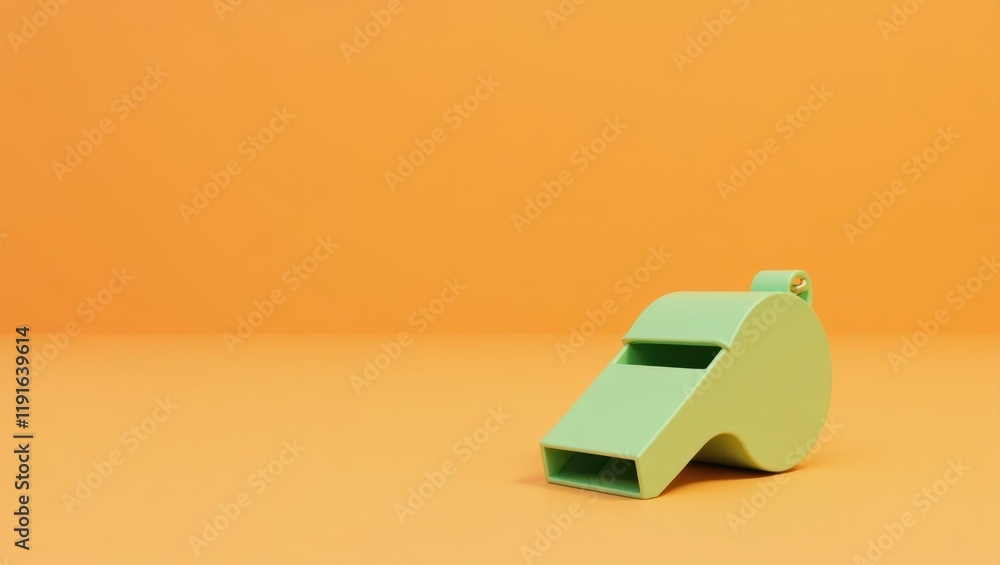 Poster mint green referee whistle on left. soft orange background. copy space for text, 3d render ai genera