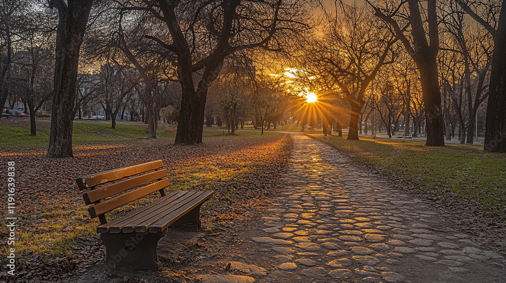 Poster sunset view of a park bench along a path with golden sunlight filtering through trees
