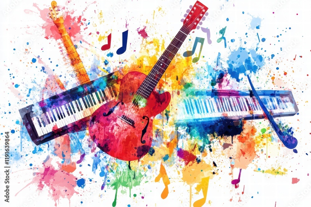 Leinwandbilder colorful musical instruments and notes create a vibrant display of creativity and sound energy. gene