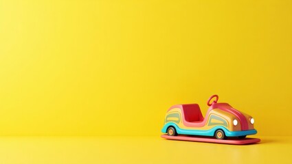 Colorful roller coaster car on right. Colorful bumper car toy with yel