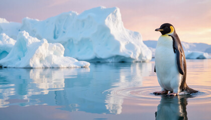 Fototapeta premium Emperor penguin standing in water against icebergs