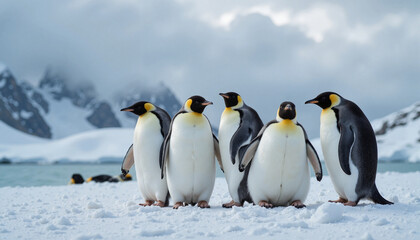 Fototapeta premium Five emperor penguins standing on snow against mountainous background