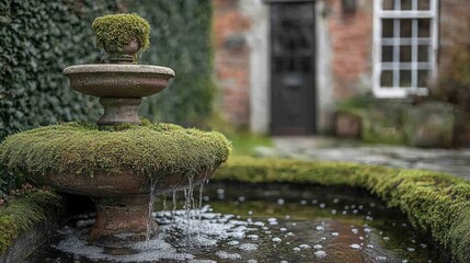 Moss Covered Stone Fountain Water Flows Gently