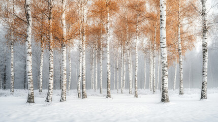 Obraz premium Whitish forest with orange leaves and snow-covered ground during winter season