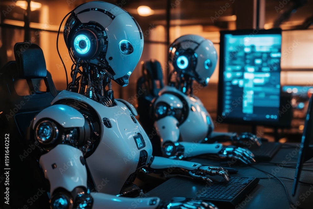 Poster robots working with computers in a modern technology lab at night