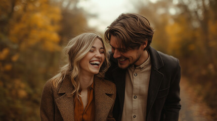 Fototapeta premium A couple walking through a forest in the fall, leaves crunching beneath their feet