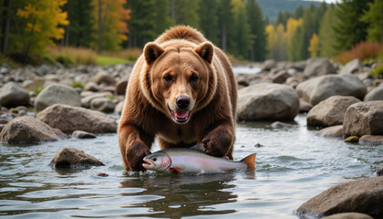 Bear catching fish in river against forest backdrop
