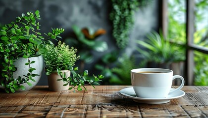 A white coffee cup sits on a wooden table next to a potted plant