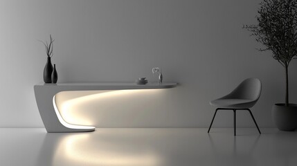 Modern minimalist console table with integrated lighting, chair, and plants in a contemporary room.