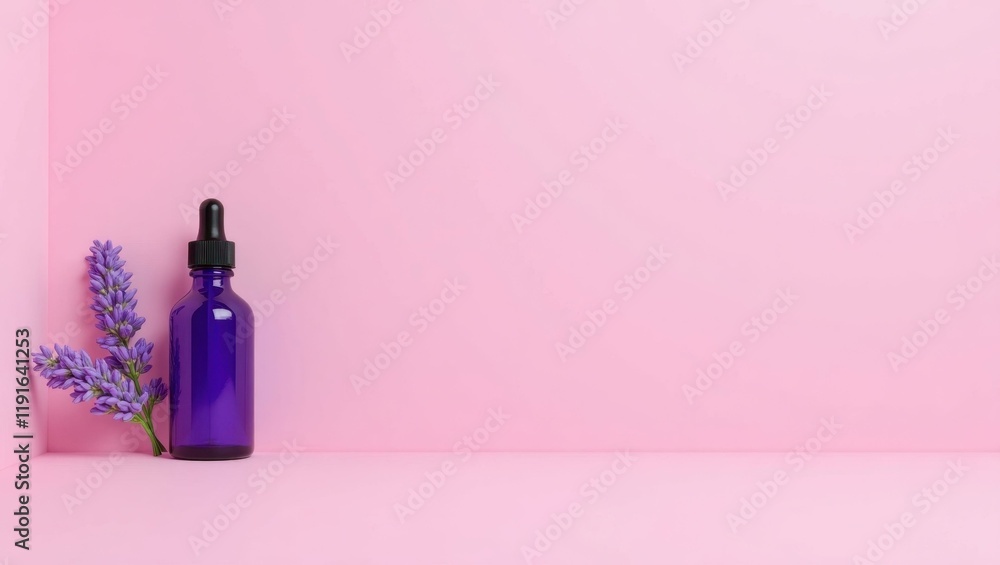 Poster lavender essential oils bottle on left. soft white background. copy space for text, 3d render ai gen