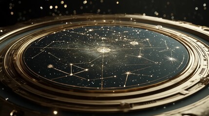 Gold celestial map, circular, glittering stars.