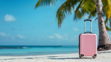 Pink suitcase on a tropical beach with turquoise sea and palm trees. Ideal for travel, vacation, and tourism promotions or editorial content.
