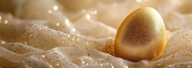 Fototapeta premium Luxurious golden Easter egg on shimmery fabric. Close-up view
